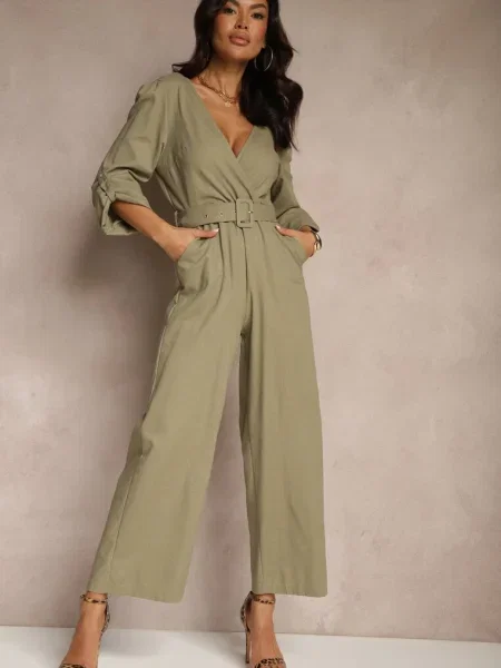 Kopertowy Kombinezon z Bawełny z Dodatkowym i Gumką w Talii Rinnarela zielony