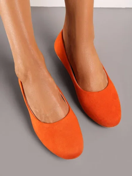 Balerini Clasici din Piele Întoarsă Ecologică cu Vârf Rotund Harneli portocalii