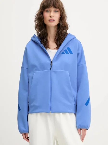 Суичър с качулка Adidas с качулка синьо
