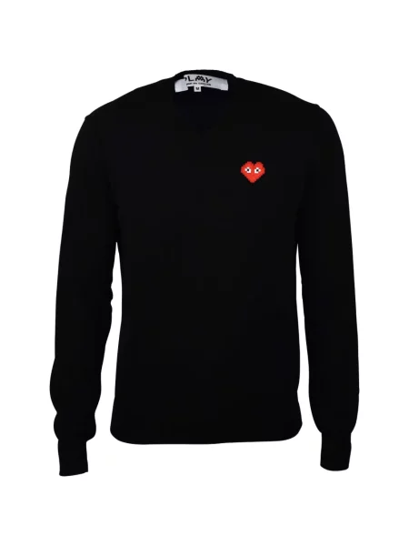 Pulover Comme Des Garcons Play cu decolteu în V cu motiv cu inimi negru