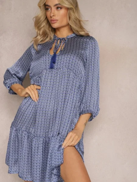Rochie Trapez Bleumarin cu Ciucure și Fustă Cloș Bleva albastru