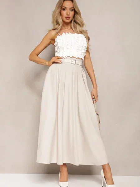 Deschis Evasé Fustă Pliuri Ecopiele Awhisa bej