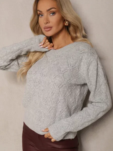 Jasnoszary Sweter w Klasycznym Stylu z Tłoczonym Wzorem Deriel szary