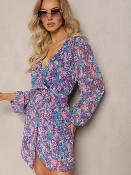 Rochie petrecută bleumarin-violet cu imprimeu floral Ninora albastru