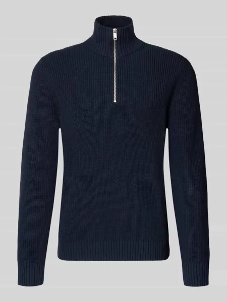 Sweter z dzianiny o kroju slim fit z czystej bawełny z kołnierzem zapinanym Mcneal granatowy