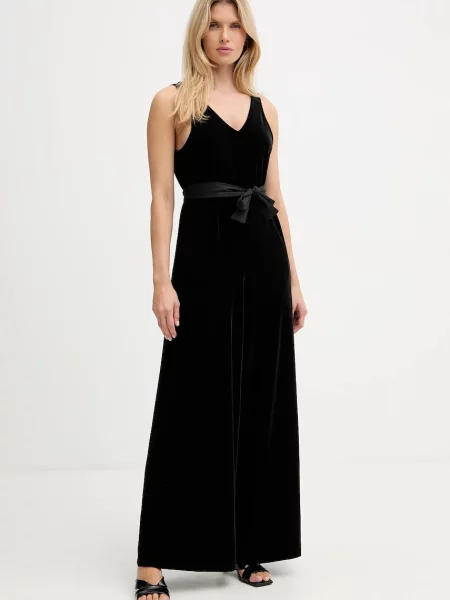 Armani Exchange kombinezon welurowy z dekoltem w szpic czarny