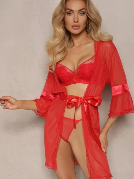 Prześwitujący Szlafrok ze Stringami Placitra czerwony