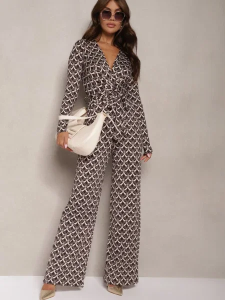 Combinaison cu Model Mozaic Decolteu în V și Inafil maro