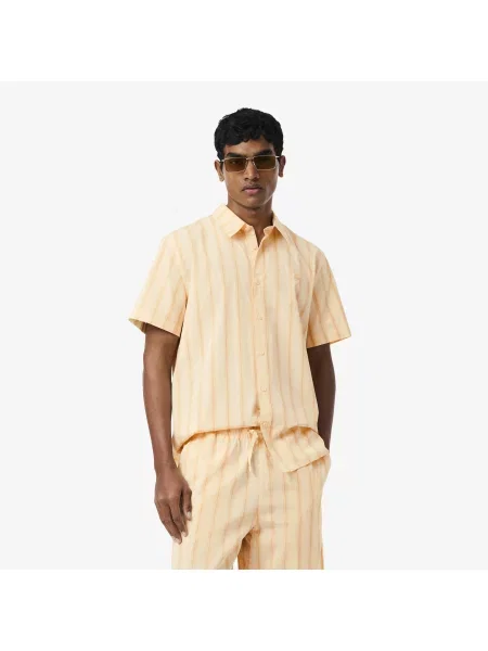 Lacoste Koszula Z Krótkim Rękawem W Paski Regular Fit pomarańczowa