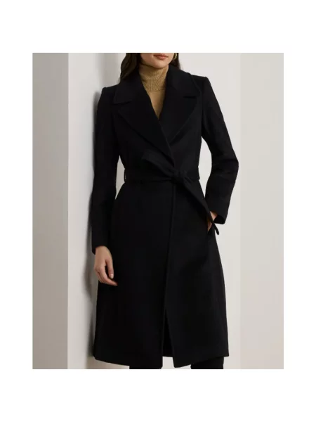 Płaszcz z kołnierzem z połami i wiązanym paskiem Lauren Ralph Lauren czarny