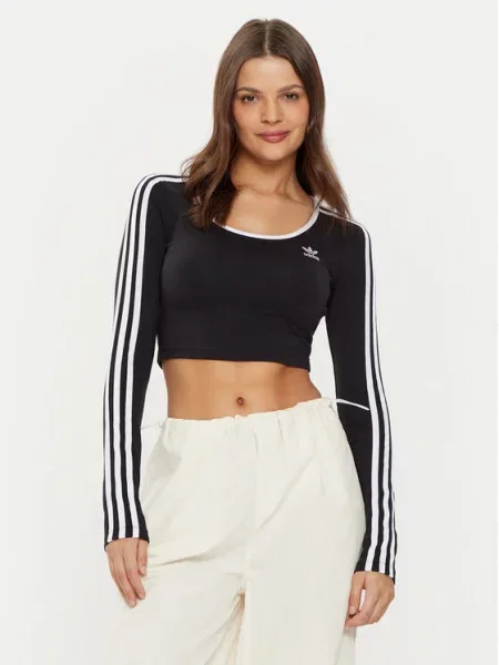 Смугастий укорочений лонгслів Adidas чорний