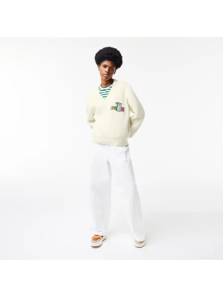 Lacoste Sweter Świąteczny Z Wełnianym Dekoltem W Serek Lacoste