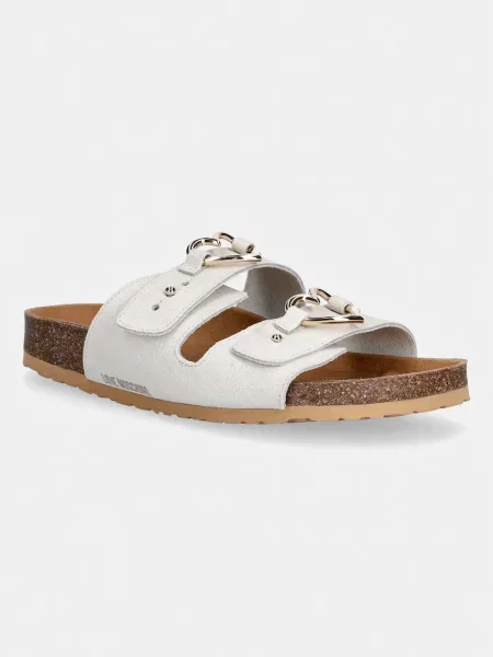 Love Moschino papuci cu plat pentru femei din piele întoarsă bej