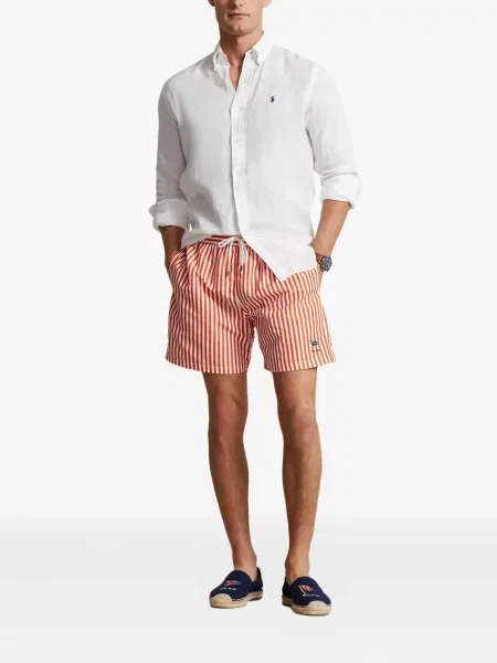 Haftowane szorty jeansowe Polo Ralph Lauren skórzane na ramiączkach niebieskie
