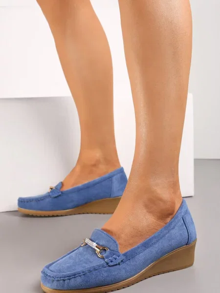 Mocasini Bleumarin cu Cataramă Decorativă cu Pietre Strass pe Platformă Panire albastru