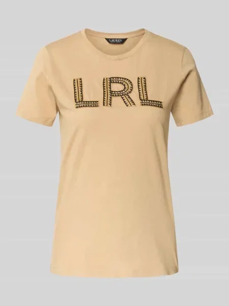T-shirt z haftem i okrągłym dekoltem model ‘KATLIN’ beżowa