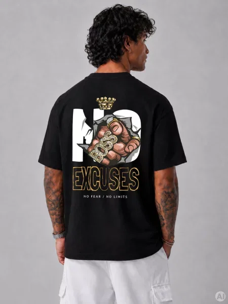T-shirt oversize z nadrukiem No Excuses czarny