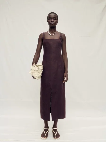 Лляна Сукня міді MANGO коричневий