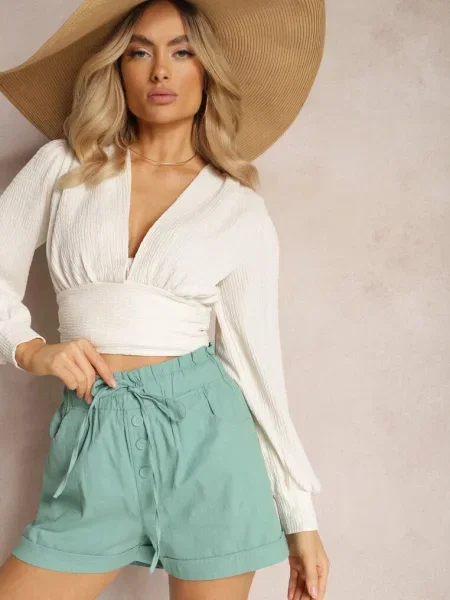 Bermude Mentă cu și în Talie Strânse cu Șnur Amalilena verde