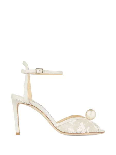 Sandale Jimmy Choo cu perle din dantelă alb