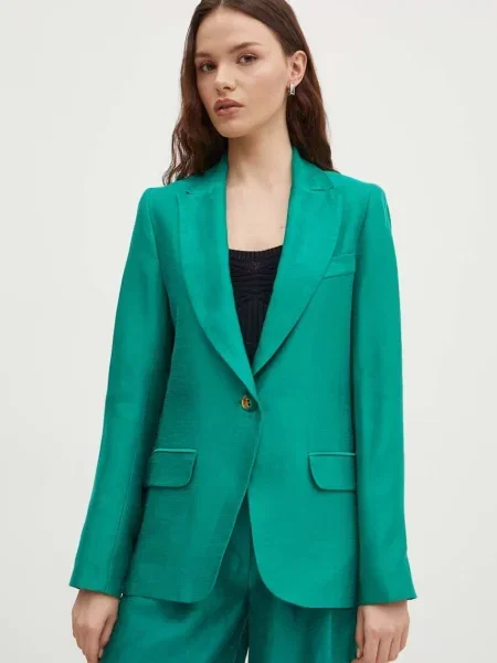 La Petite Française marynarka z domieszką lnu VOYANTE jednorzędowa gładka zielony