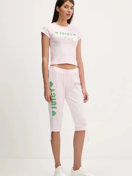 Juicy Couture szorty welurowe Angel z nadrukiem high waist różowy