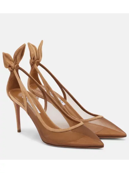 Pantofi cu toc Aquazzura cu funde din piele de căprioară cu legături bej