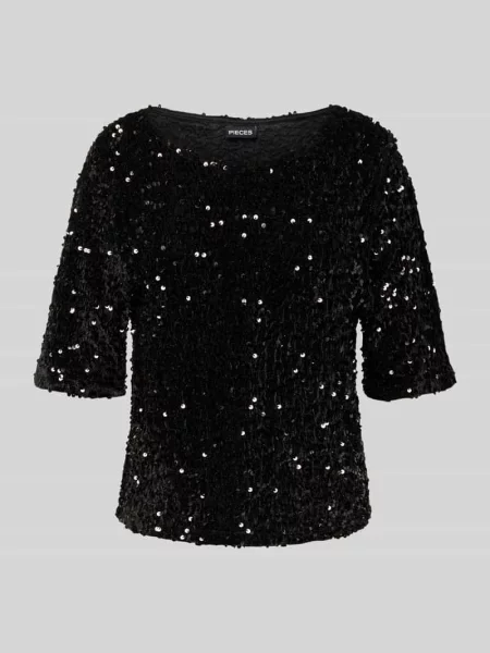 T-shirt o kroju regular fit z cekinowym obszyciem model ‘KAM’ Pieces czarna
