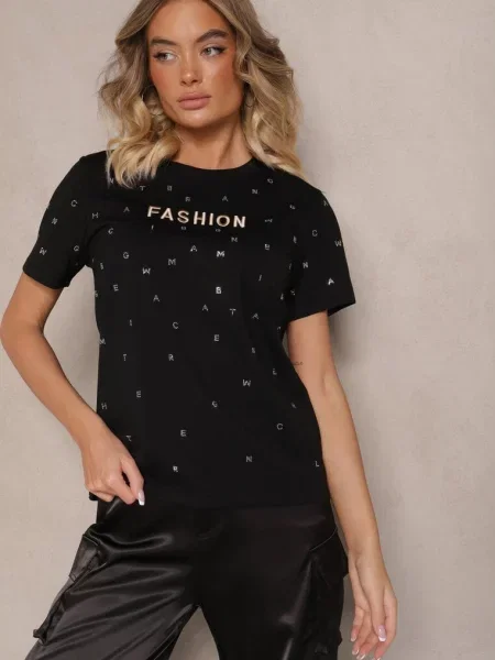 T-shirt Ozdobiony Napisem i Cyrkoniami Nalavenna czarny