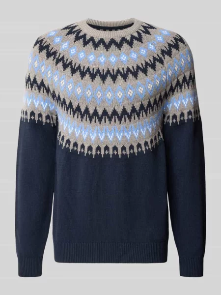 Sweter dzianinowy z norweskim wzorem i dekoltem pod szyję Mcneal granatowy