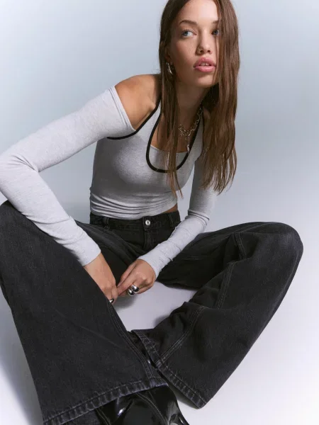 Bershka Koszulka Z Długim Rękawem I Dekoltem Halter Kobieta Xs szary