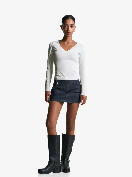 Bershka Koszulka Z Długim Rękawem I Koronką Kobieta Xxs szary