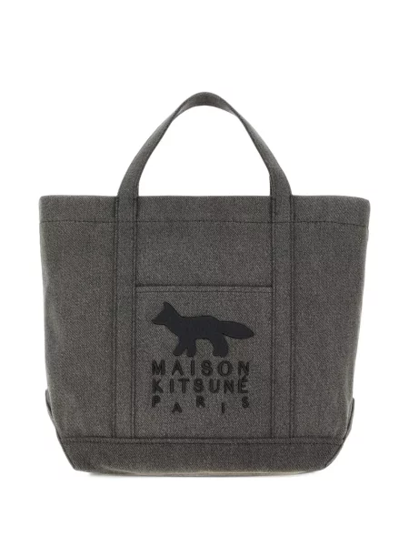 Geantă Maison Kitsune din canvas cu autograf negru