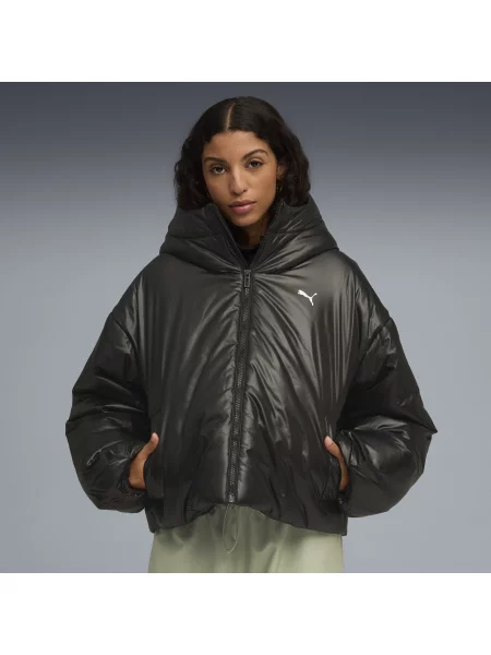 PUMA kurtka ocieplana Wardrobe Essentials błyszcząca z kapturem Odzież XXS czarny