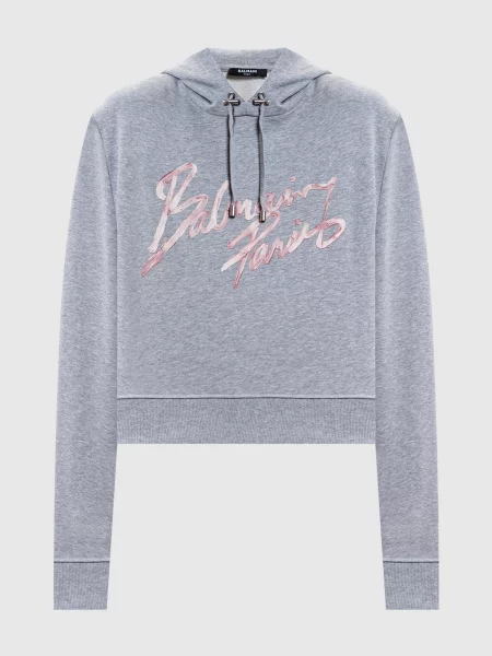 Меланжеве худі з принтом логотипа Balmain сіре