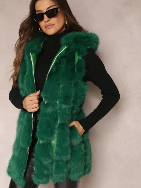 Vestă de Blană cu Glugă Konessa verde