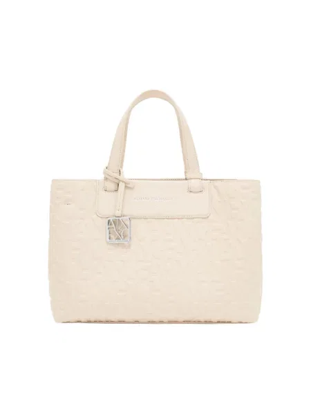 Pikowana shopperka Armani Exchange z nadrukiem beżowa