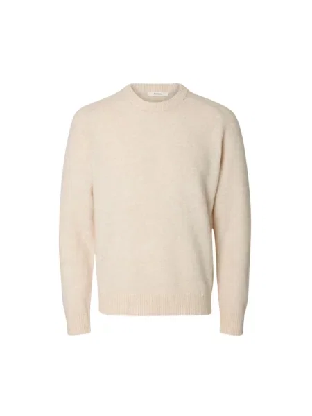 Sweter Selected Homme wełniany z okrągłym dekoltem beżowy