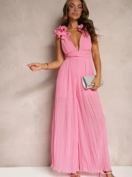 Taliowany Cocktail Salopetă cu Picior Larg Ornat cu Volane Gealfrea roz