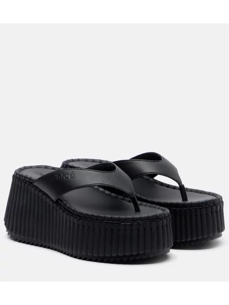 Chiloți tanga Chloé din piele cu platformă negru