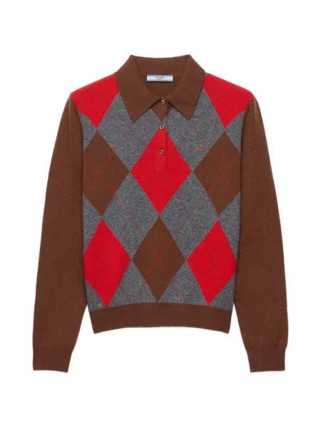 Tricou polo Prada din cașmir cu model argyle maro