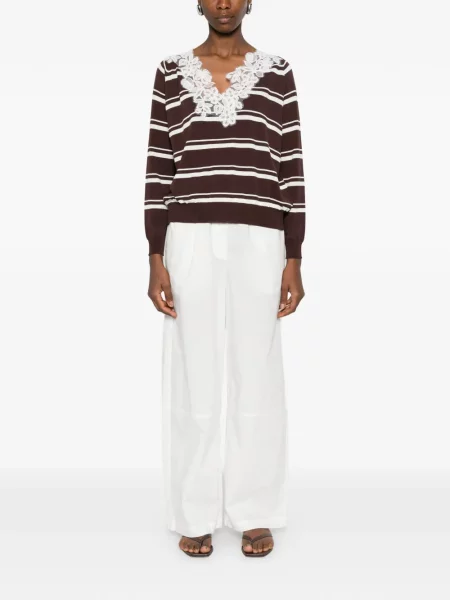 Koszulka Ermanno Firenze w paski koronkowa brązowa