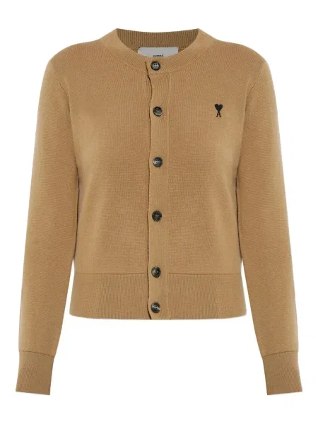 Cardigan Ami Paris de lână cu motiv cu inimi cu autograf maro