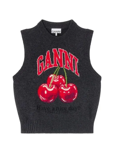 Vestă Ganni de lână cu imagine gri