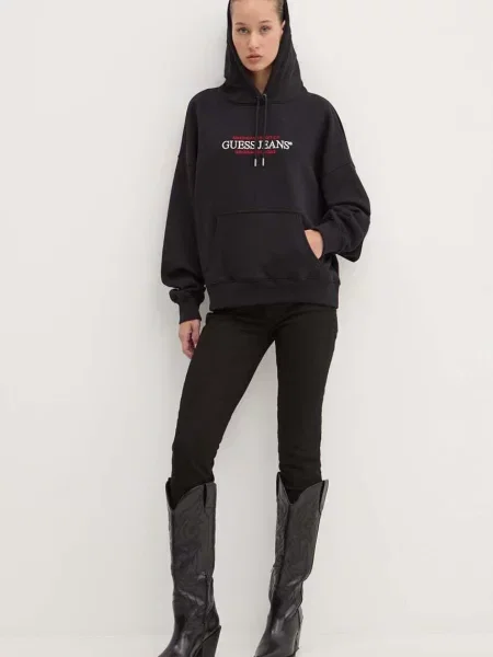 Кофта Guess Jeans з капюшоном з аплікацією чорний