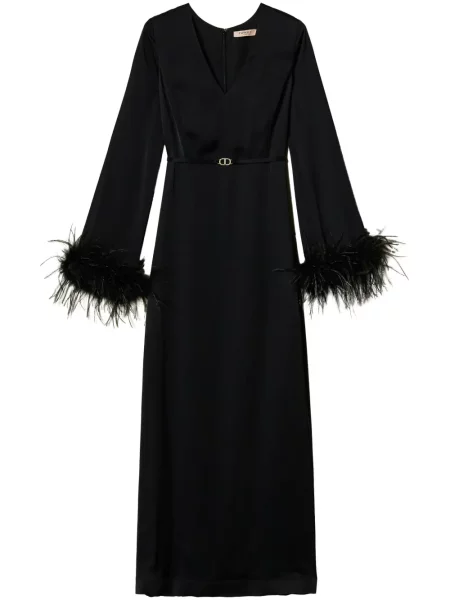 Satynowa sukienka maxi Twinset w piórka garniturowa czarna