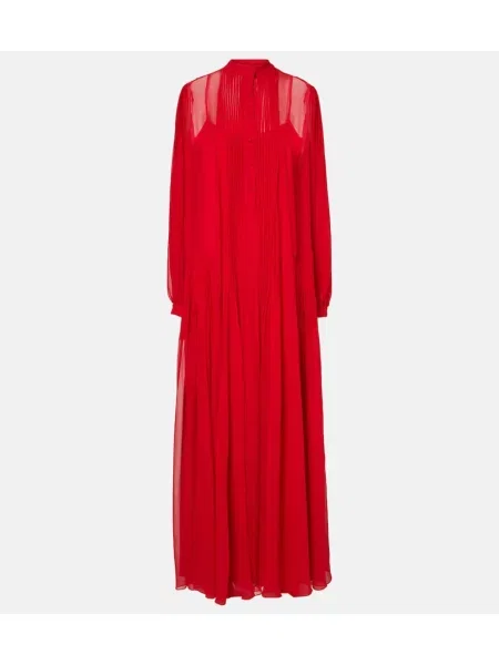 Rochie maxi Costarellos de mătase plisată de costum roșu
