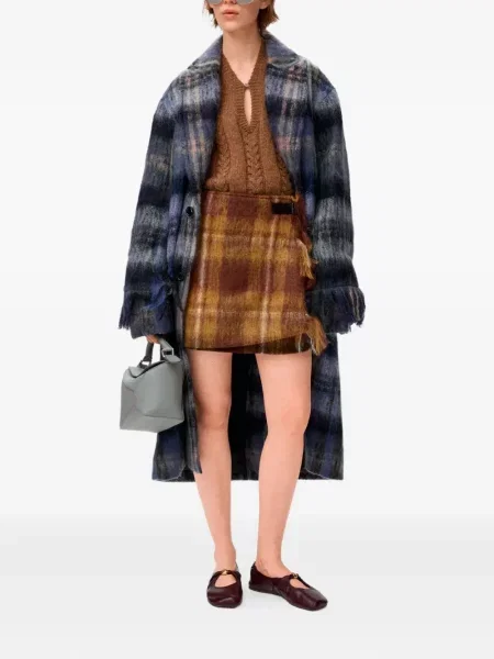 Palton Loewe cu franjuri în carouri albastru