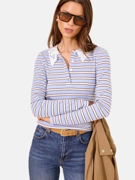 Lipsy Tricou albastru deschis / maro închis alb