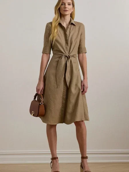 Lanena obleka Lauren Ralph Lauren rjava